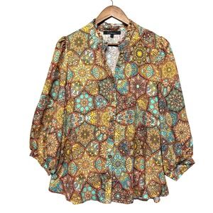 Calessa Blouse Women L Button Front Art to Wear Geometric Mosaic Boho Split Neck